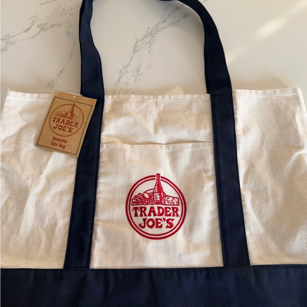 Trader Joe's Canvas Tote Bag - Cream & Navy with Red Logo